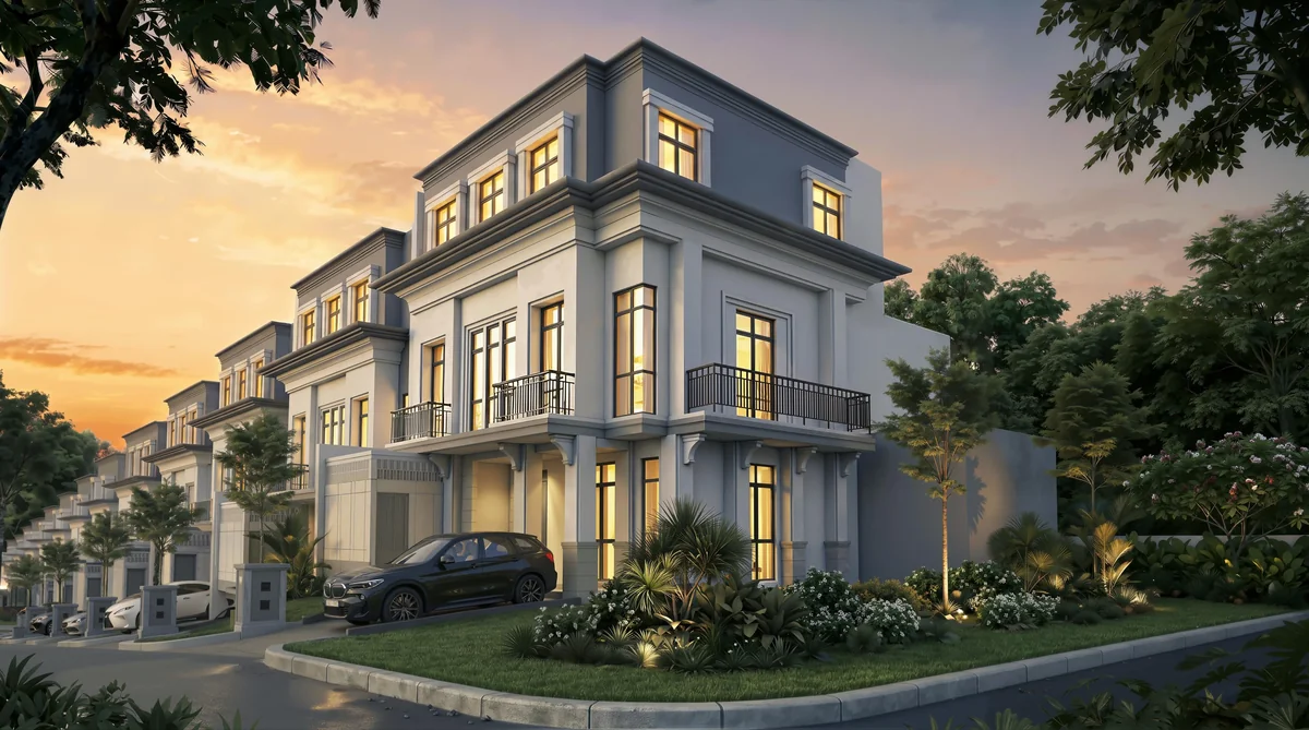 Render fasad tipe RED Elegant Romance The Sherwood Residence Summarecon Bogor — rumah hoek Neo-Klasik dengan mansard roof